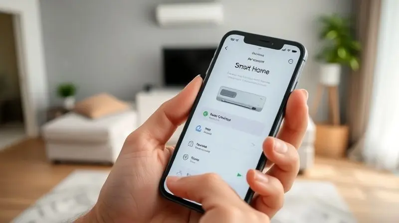 Pessoa utilizando um smartphone com um aplicativo genérico de casa inteligente para ajustar a temperatura, ilustrando a conectividade do ar-condicionado LG ThinQ.