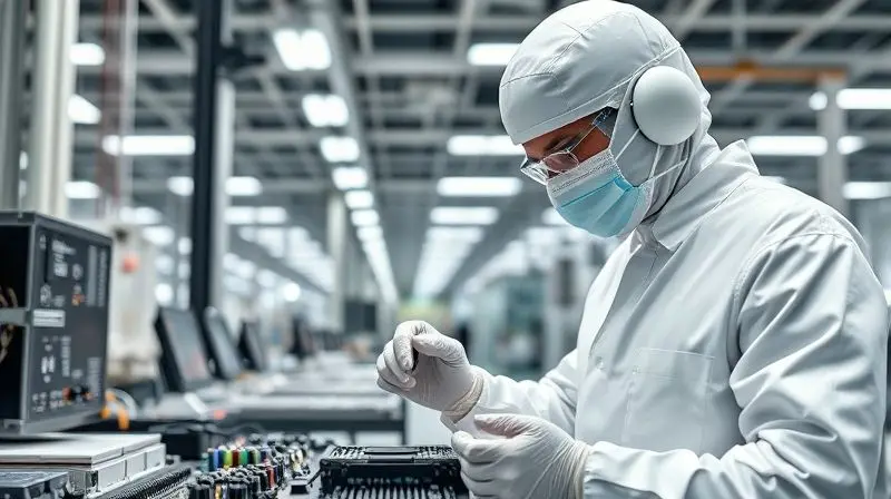Técnico em uma fábrica de eletrônicos moderna inspecionando um componente, simbolizando a confiabilidade e o controle de qualidade da marca Samsung.
