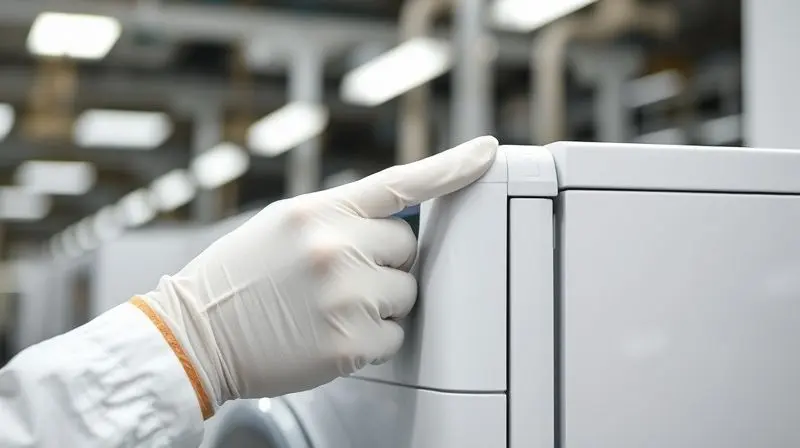 Inspetor de controle de qualidade analisando os detalhes de um eletrodoméstico, simbolizando a confiabilidade e a reputação da marca Elgin.