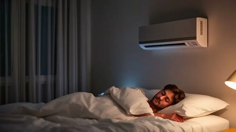 Pessoa dormindo tranquilamente em um quarto silencioso, demonstrando o conforto acústico e o baixo nível de ruído de um ar-condicionado moderno.