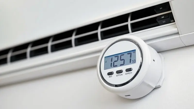 Medidor de consumo de energia elétrica ao lado de um ar condicionado, ilustrando a eficiência energética em modelos de 24000 BTUs.