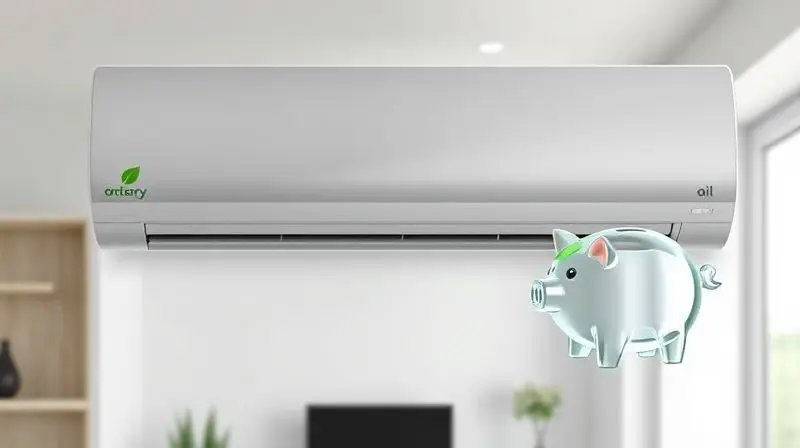 Conceito de economia de energia com ar-condicionado 9000 BTUs, ilustrado por um cofrinho e um símbolo de folha verde ao lado do aparelho.