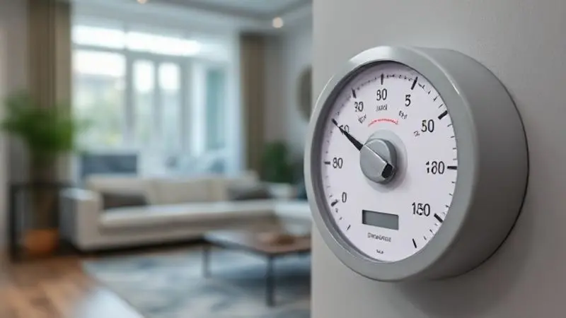 Medidor de consumo de energia em foco, com uma sala de estar climatizada ao fundo, ilustrando a eficiência energética do ar condicionado.