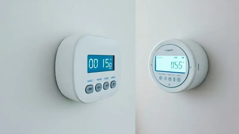 Medidor de energia digital mostrando baixo consumo, simbolizando a eficiência energética de um ar-condicionado portátil moderno.