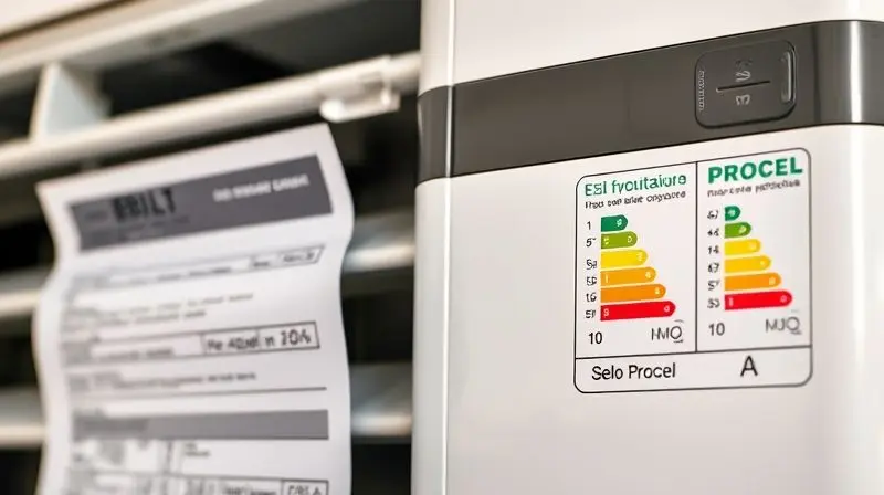 Close-up de uma conta de luz ao lado de um Selo Procel A de eficiência energética em um ar-condicionado portátil, ilustrando o consumo de energia.