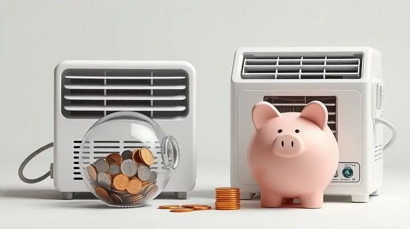 Comparativo de consumo de energia: um cofrinho cheio ao lado de um climatizador e um cofrinho quase vazio ao lado de um ar-condicionado.