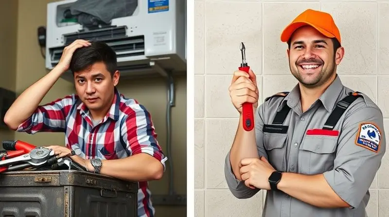 Comparativo entre desinstalação de ar-condicionado amadora e profissional, mostrando a importância de contratar um técnico qualificado.