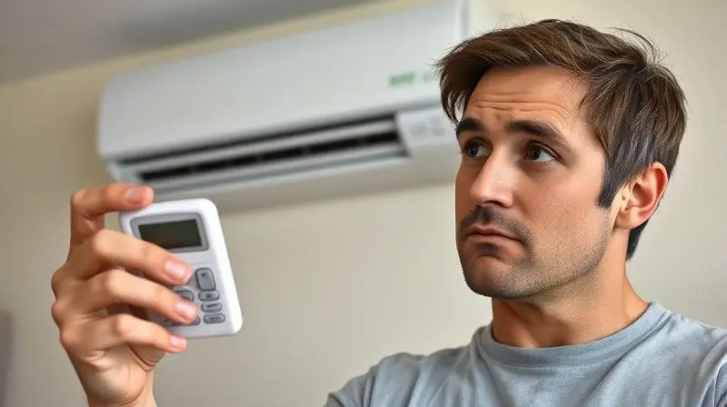 Pessoa com expressão pensativa olhando para um controle remoto sem o botão 'Light', buscando uma alternativa para apagar a luz do ar-condicionado.