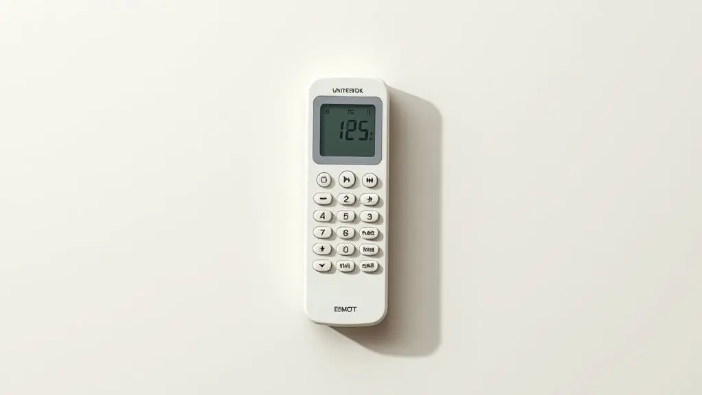 Controle remoto universal para ar-condicionado, moderno e sem marca, fotografado em um estúdio com fundo neutro, destacando seus botões e design.