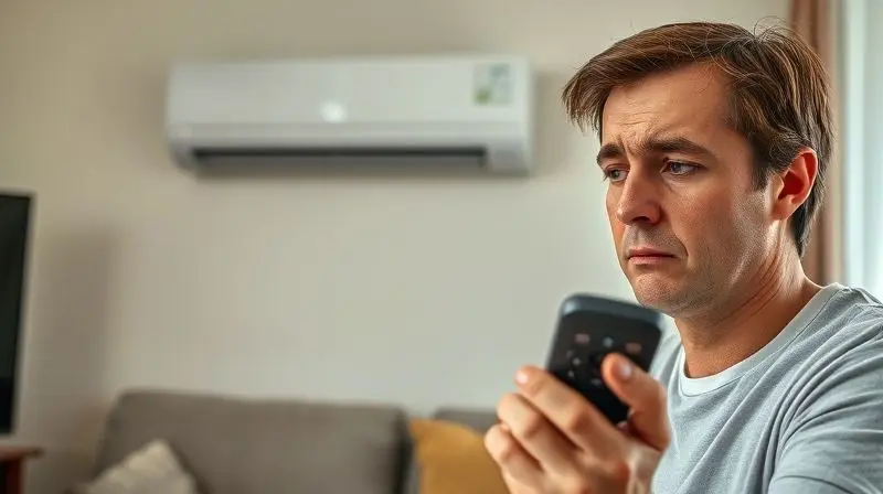 Pessoa com expressão de frustração olhando para um controle universal que não funciona, com o ar-condicionado ao fundo desligado.