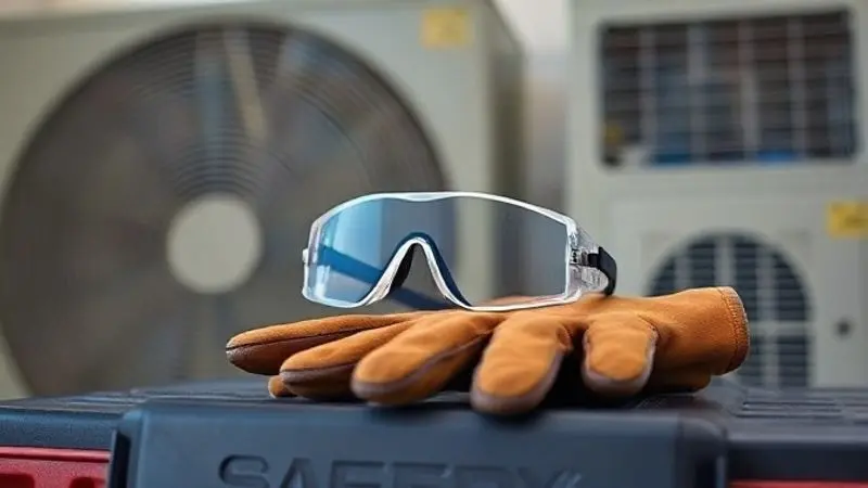 Equipamentos de proteção individual, como óculos de segurança e luvas, sobre uma caixa de ferramentas, destacando a importância da segurança na desinstalação.