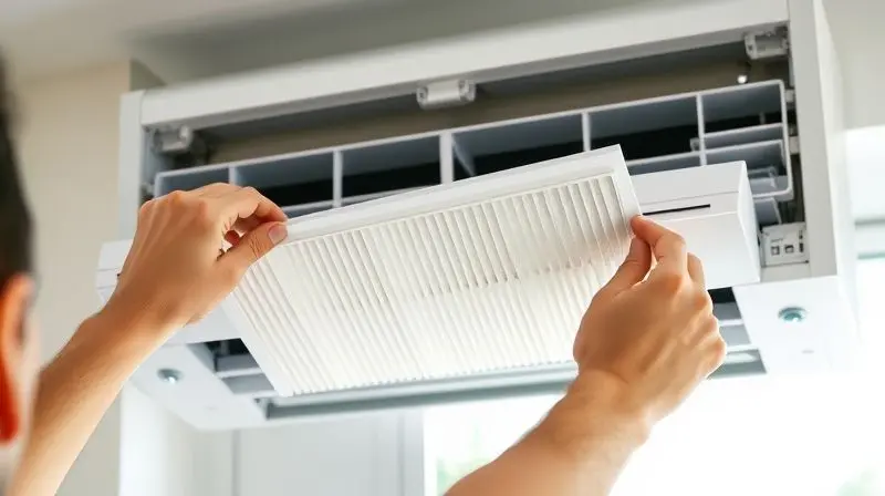 Pessoa realizando a limpeza e manutenção do filtro de um ar-condicionado split para garantir a qualidade do ar e a eficiência do aparelho.