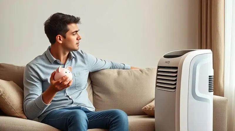 Pessoa ponderando o custo-benefício de um ar condicionado portátil, segurando um cofrinho e olhando para o aparelho em sua sala.