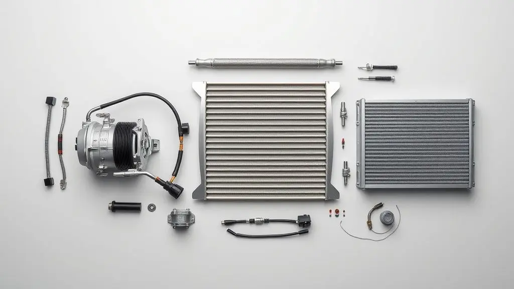Kit completo de instalação de ar-condicionado automotivo, totalmente sem marca, organizado em fundo neutro para ilustrar o custo do serviço.