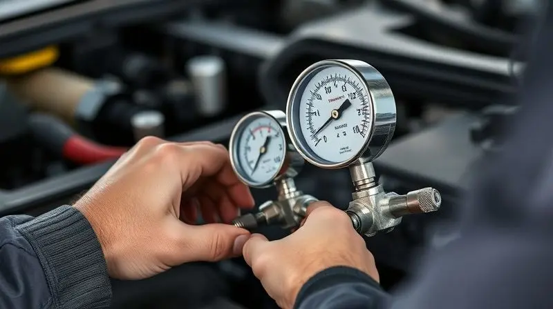 Técnico realizando a manutenção periódica e recarga de gás do ar-condicionado de um carro para ilustrar os custos envolvidos no processo.