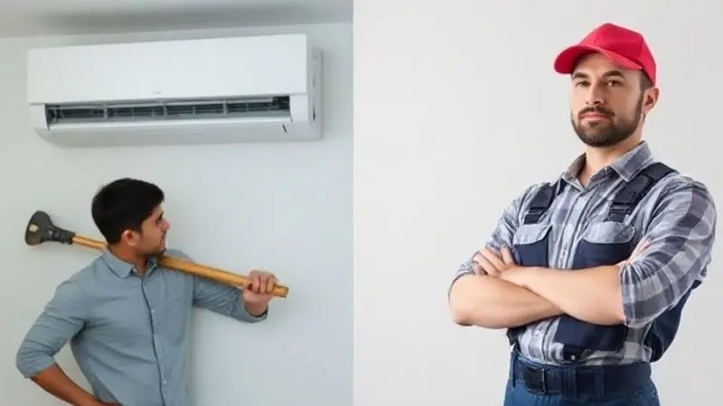 Comparativo visual entre uma pessoa fazendo a desinstalação por conta própria e um técnico profissional de ar-condicionado com equipamento especializado.