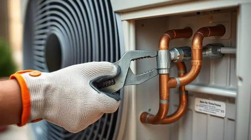 Técnico profissional usando luvas de segurança e ferramentas para desconectar as tubulações de uma unidade externa de ar-condicionado split.