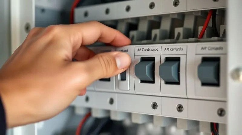 Mão desligando o disjuntor específico do ar-condicionado em uma caixa de força para cortar a energia do aparelho com segurança.