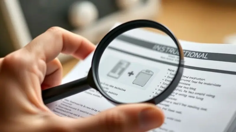Pessoa analisando um manual com uma lupa, representando a importância de verificar as desvantagens e os pontos de atenção de um produto.