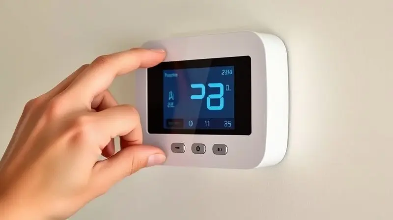 Mão ajustando um termostato digital para um modo de economia de energia, uma das dicas para otimizar o uso do ar-condicionado.