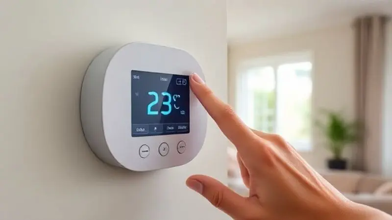 Mão ajustando um termostato digital para uma temperatura de 23 graus Celsius, um gesto para economizar energia com o ar-condicionado.