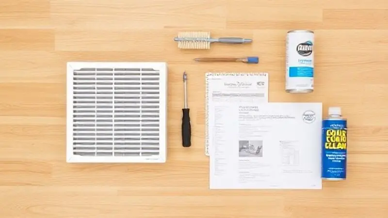 Ferramentas e itens de manutenção de ar-condicionado organizados, como filtro limpo e escova, simbolizando o cuidado para aumentar a vida útil do aparelho.