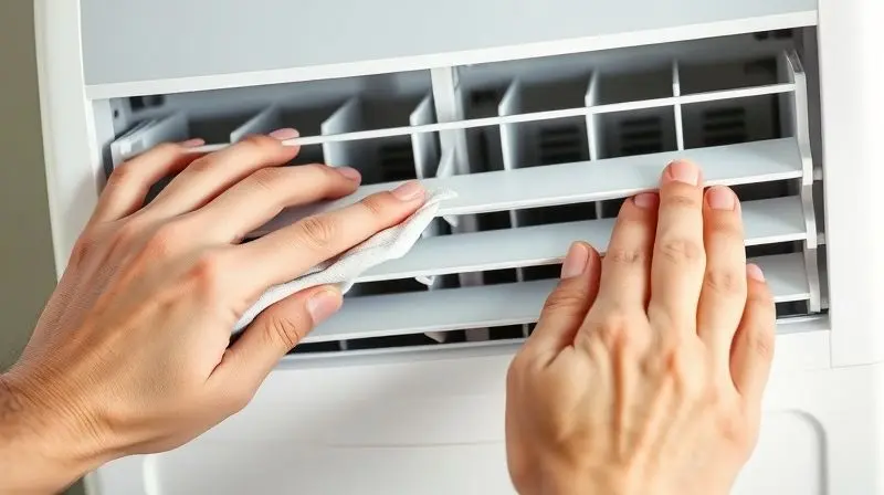 Mãos de uma pessoa realizando a limpeza do filtro de um ar-condicionado portátil para melhorar o desempenho e a eficiência do aparelho.