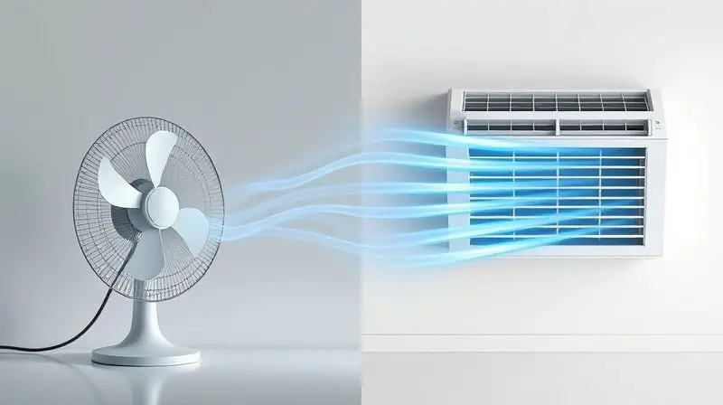 Representação visual da diferença de consumo de energia entre um ventilador, com linhas finas de energia, e um ar-condicionado, com linhas mais grossas.