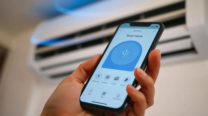 Mão segurando um smartphone que controla um ar-condicionado via app, demonstrando os diferenciais de conectividade e tecnologia da TCL.