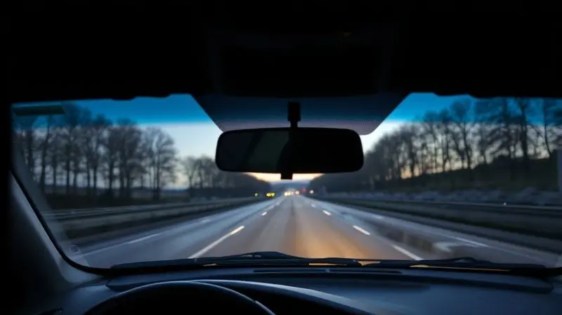 Visão de dentro do carro através de um para-brisa totalmente limpo e desembaçado, mostrando uma estrada molhada com segurança.