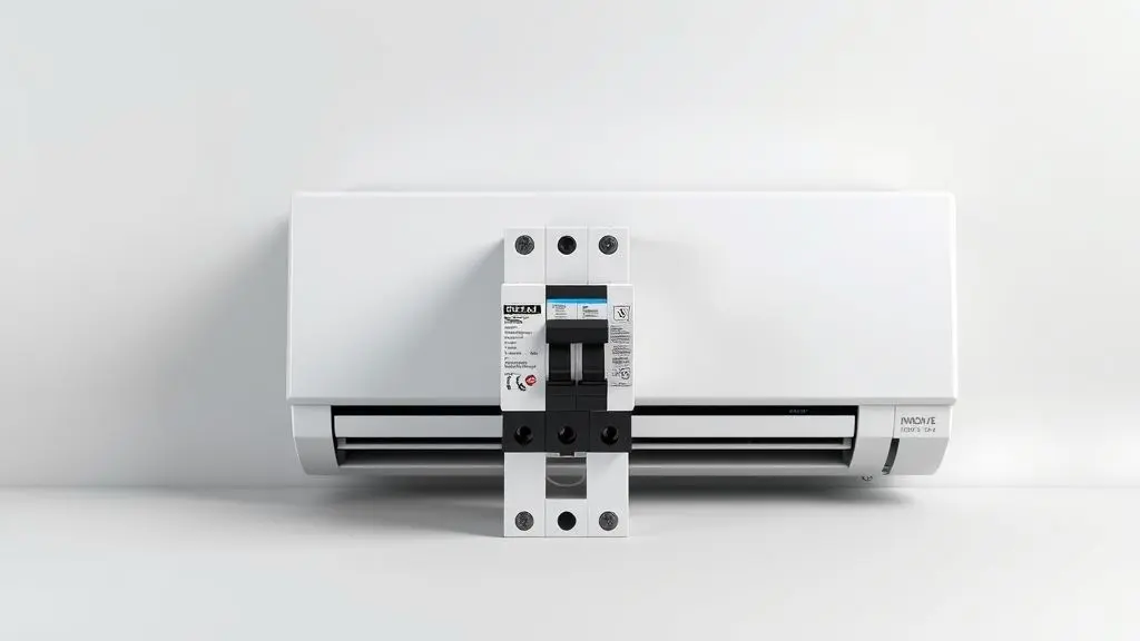 Disjuntor bipolar posicionado ao lado de uma unidade interna de ar-condicionado, ilustrando a escolha correta do componente para 12.000 BTUs 220V.