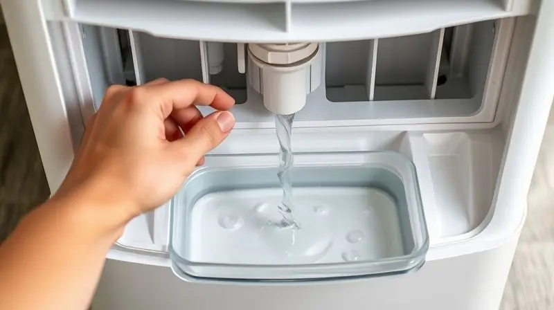 Pessoa drenando a água de um ar-condicionado portátil, com o fluxo de água sendo coletado de forma limpa em uma bandeja transparente.