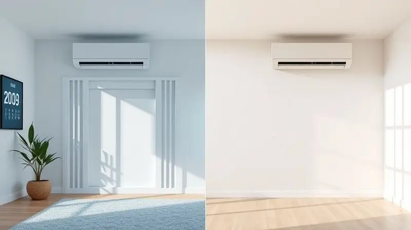 Comparativo de eficiência energética entre um ar-condicionado sem unidade externa e um modelo split convencional, com termômetros lado a lado.
