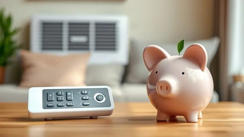 Conceito de eficiência energética em ar-condicionado, com um cofrinho simbolizando a economia de dinheiro no consumo de eletricidade.