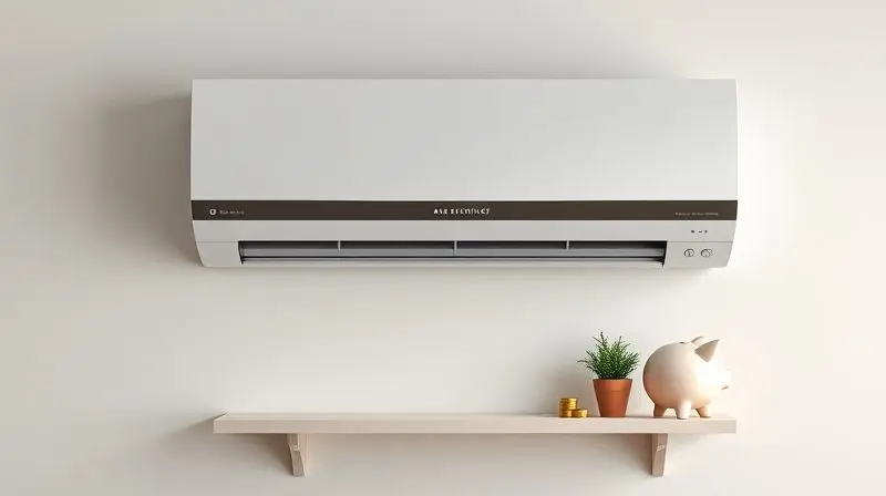 Ar-condicionado moderno e eficiente em uma parede de sala, com um ícone de folha verde e um cofrinho ao lado, simbolizando a economia de energia.