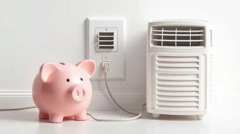 Um cofrinho ao lado de um ar-condicionado portátil conectado à tomada, simbolizando a eficiência energética e a economia na conta de luz.