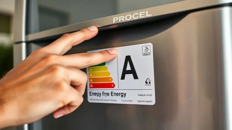 Destaque para o Selo Procel A em um eletrodoméstico, simbolizando a máxima eficiência energética de um ar-condicionado.