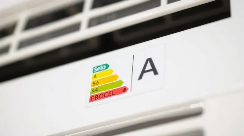Close-up do Selo Procel de eficiência energética com nota A colado em um ar-condicionado, destacando a importância da economia.