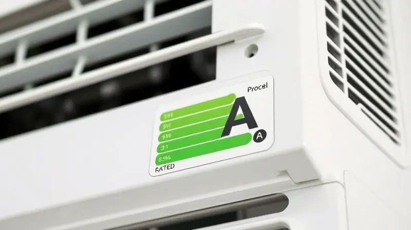 Close-up de um selo de eficiência energética 'A' em um ar-condicionado moderno, simbolizando a máxima economia de energia e o Selo Procel.
