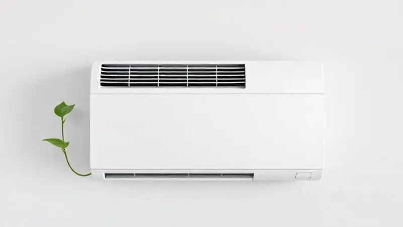 Conceito de eficiência energética, mostrando um ar-condicionado com um selo de classificação 'A' e uma folha verde ao lado, simbolizando baixo consumo.