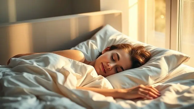 Pessoa dormindo tranquilamente em um quarto silencioso, demonstrando o baixo nível de ruído de um ar-condicionado moderno e eficiente.