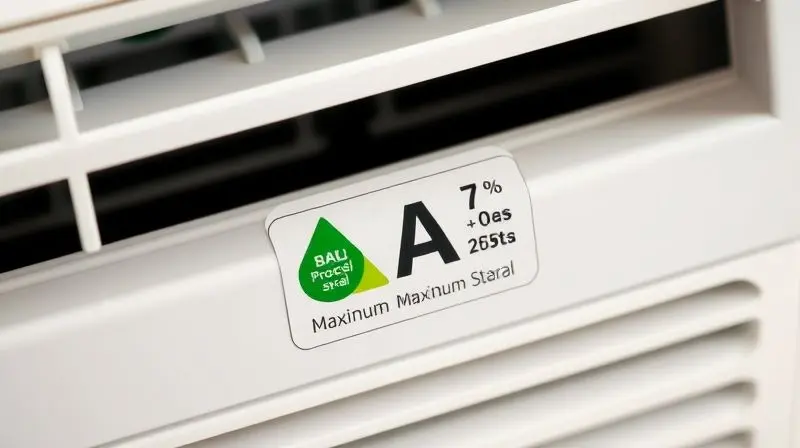 Detalhe do Selo Procel com classificação 'A' em um ar-condicionado novo, simbolizando a importância da eficiência energética para economizar.