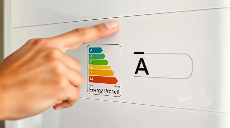 Destaque para o Selo Procel de eficiência energética em um eletrodoméstico, indicando o baixo consumo de energia do ar-condicionado.