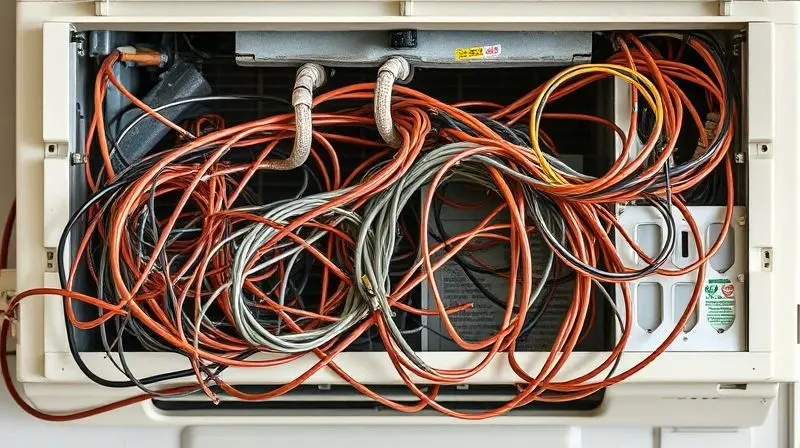 Imagem conceitual de uma instalação de ar condicionado malfeita, com fios e tubos emaranhados, representando erros comuns a serem evitados.