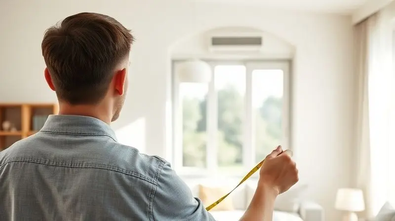Uma pessoa com uma trena na mão analisa uma janela, planejando o melhor local para instalar seu ar-condicionado de forma segura e eficiente.