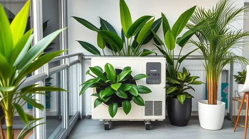 Condensadora de ar-condicionado escondida de forma criativa na varanda atrás de uma jardineira grande com plantas altas e vistosas.