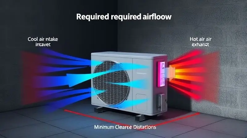 Ilustração do espaço mínimo e do fluxo de ar necessários para a ventilação correta da condensadora do ar-condicionado, com setas indicando a circulação.