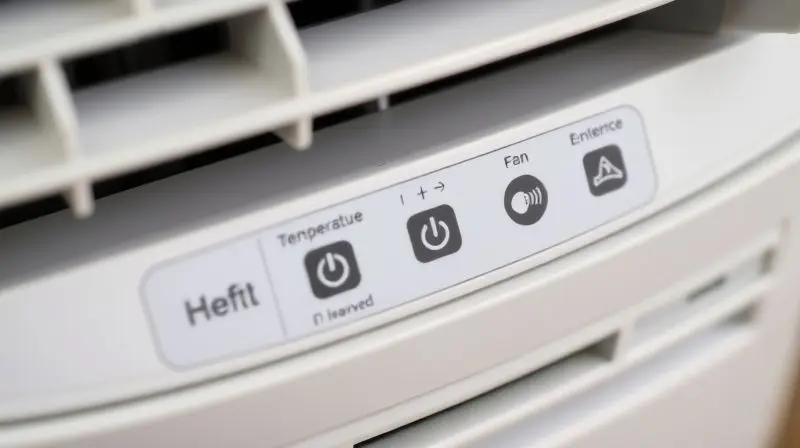Detalhe do painel de controle de um ar condicionado portátil, focando nos ícones de potência e temperatura para análise de especificações técnicas.