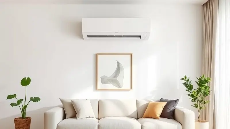 Ar-condicionado Split branco e moderno integrado perfeitamente à decoração de uma sala de estar elegante, mostrando a vantagem estética do modelo.