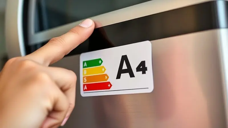 Close de um dedo apontando para a classificação 'A' na etiqueta de consumo de energia do INMETRO em um ar-condicionado, indicando alta eficiência.